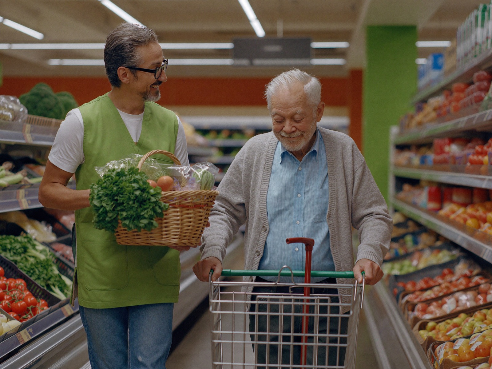 Betreuer hilft einem Senior beim Einkaufen im Supermarkt